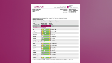 Blood Spot and Dried Urine ICPMS Toxic and Essential Elements Sample Test Report